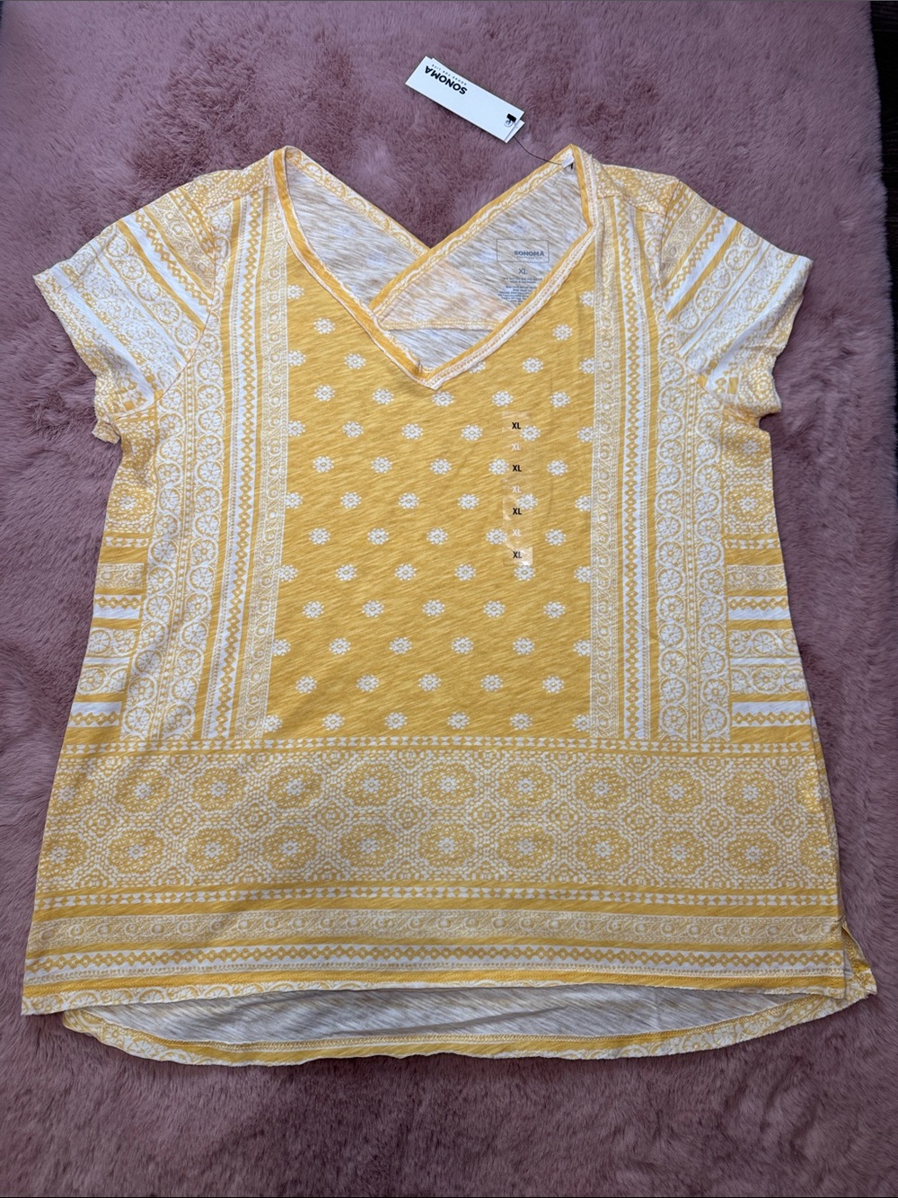 Sonoma Yellow & White Printed V-Neck Short Sleeve Top